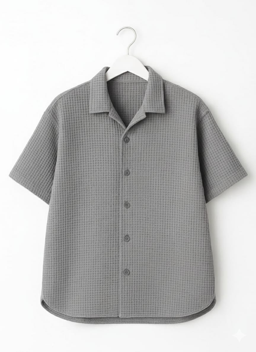 Hazel Grey Waffle Knit Cuban Collar Shirt