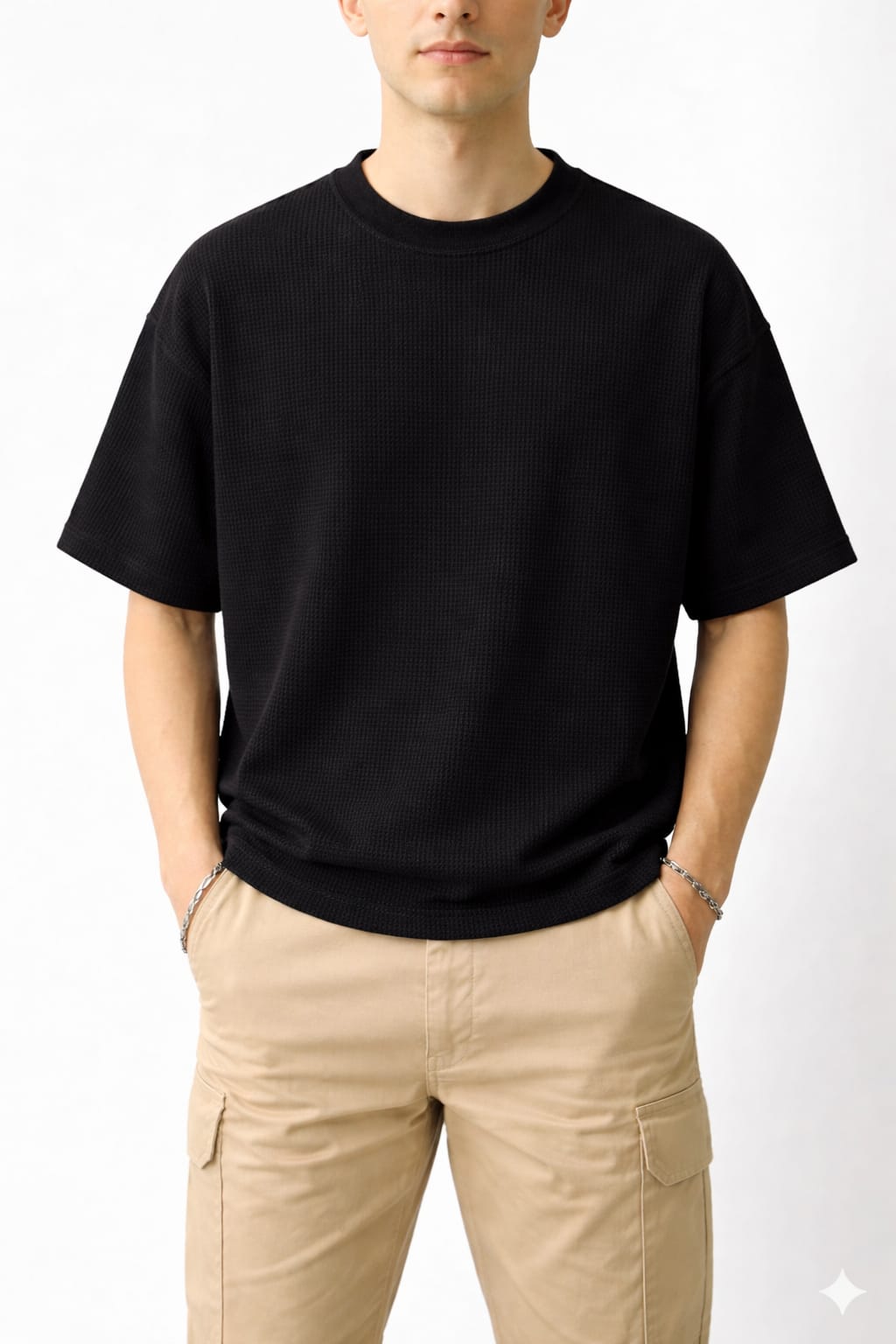 Oversized Waffle Knit Half Sleeve Tee – Black & White