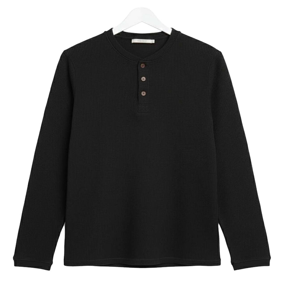 Oversized Waffle Knit Henley Long Sleeve T-Shirt | Black