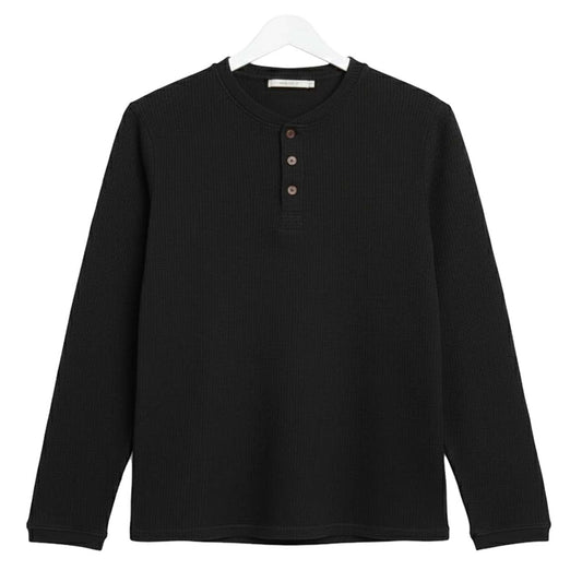 Oversized Waffle Knit Henley Long Sleeve T-Shirt | Black