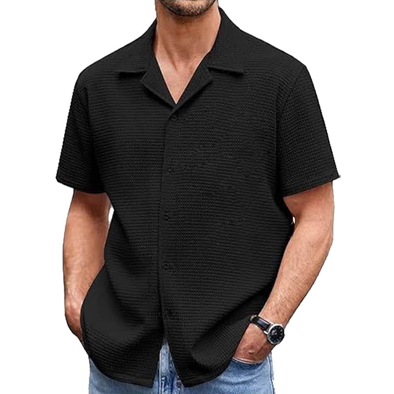 Black Waffle Knit Cuban Collar Shirt
