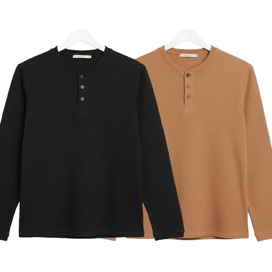 Pack of 2 Oversized Waffle Knit Henley Long Sleeve T-Shirts | Black & Camel Brown