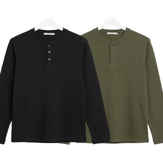 Pack of 2 Oversized Waffle Knit Henley Long Sleeve T-Shirts | Black & Green