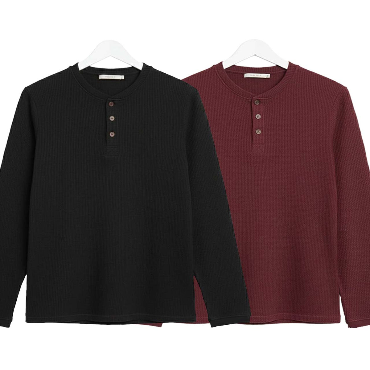 Pack of 2 Oversized Waffle Knit Henley Long Sleeve T-Shirts | Black & Maroon