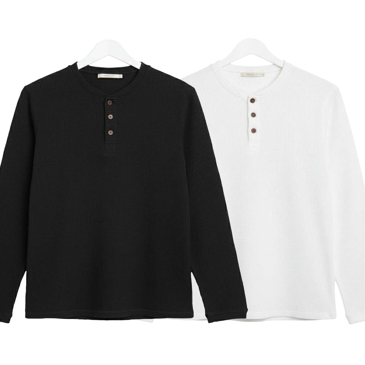 Pack of 2 Oversized Waffle Knit Henley Long Sleeve T-Shirts | Black & White