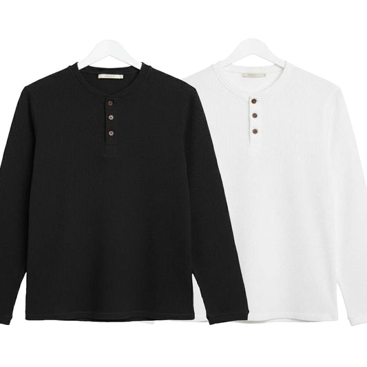 Pack of 2 Oversized Waffle Knit Henley Long Sleeve T-Shirts | Black & White