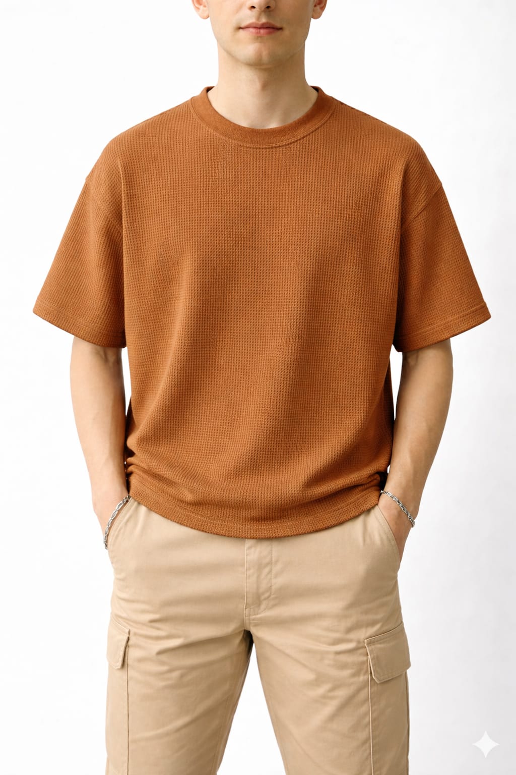 Pack of 2 Oversized Waffle Knit Half Sleeve T-Shirts – Sky Blue & Camel