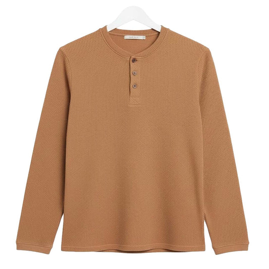 Oversized Waffle Knit Henley Long Sleeve T-Shirt | Camel