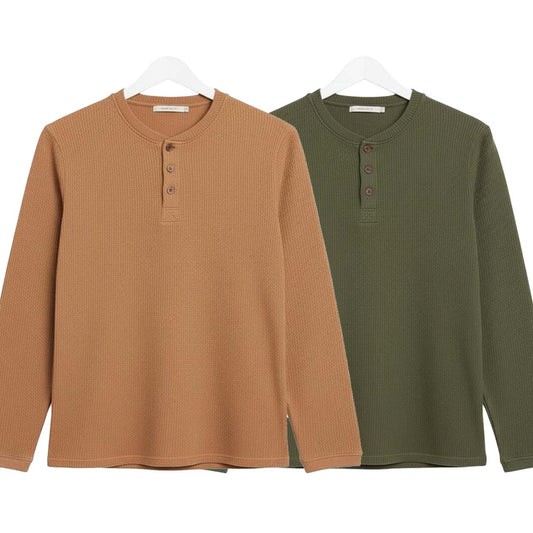 Pack of 2 Oversized Waffle Knit Henley Long Sleeve T-Shirts | Camel Brown & Green