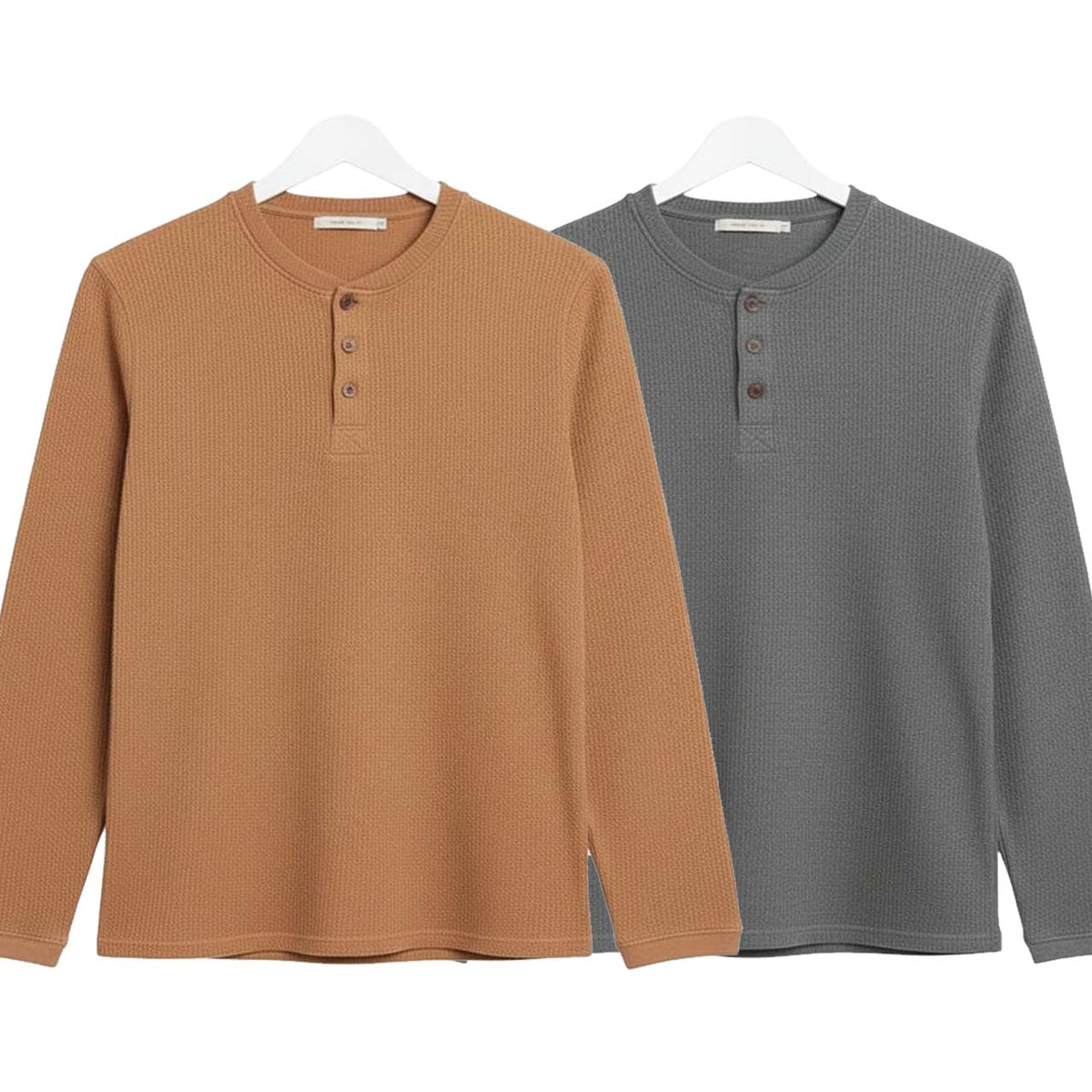 Pack of 2 Oversized Waffle Knit Henley Long Sleeve T-Shirts | Camel Brown & Grey