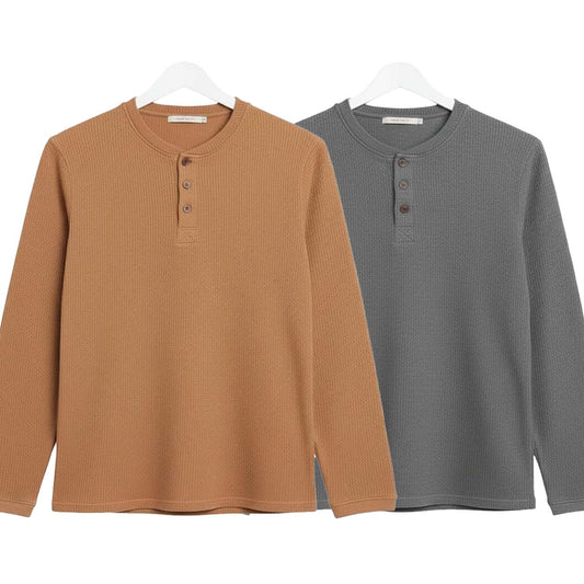 Pack of 2 Oversized Waffle Knit Henley Long Sleeve T-Shirts | Camel Brown & Grey