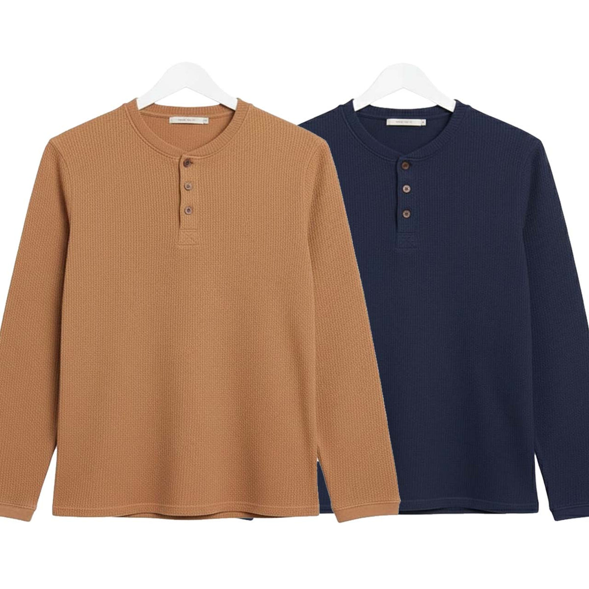 Pack of 2 Oversized Waffle Knit Henley Long Sleeve T-Shirts | Camel Brown & Navy