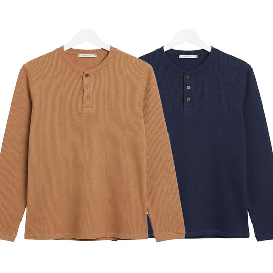 Pack of 2 Oversized Waffle Knit Henley Long Sleeve T-Shirts | Camel Brown & Navy