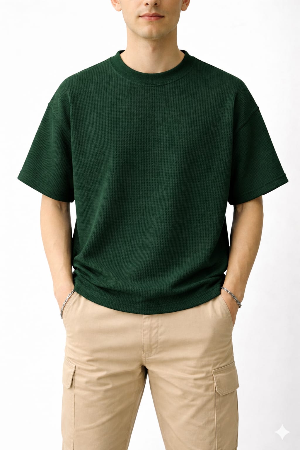 Oversized Waffle Knit Half Sleeve Tee – Sky Blue & Green