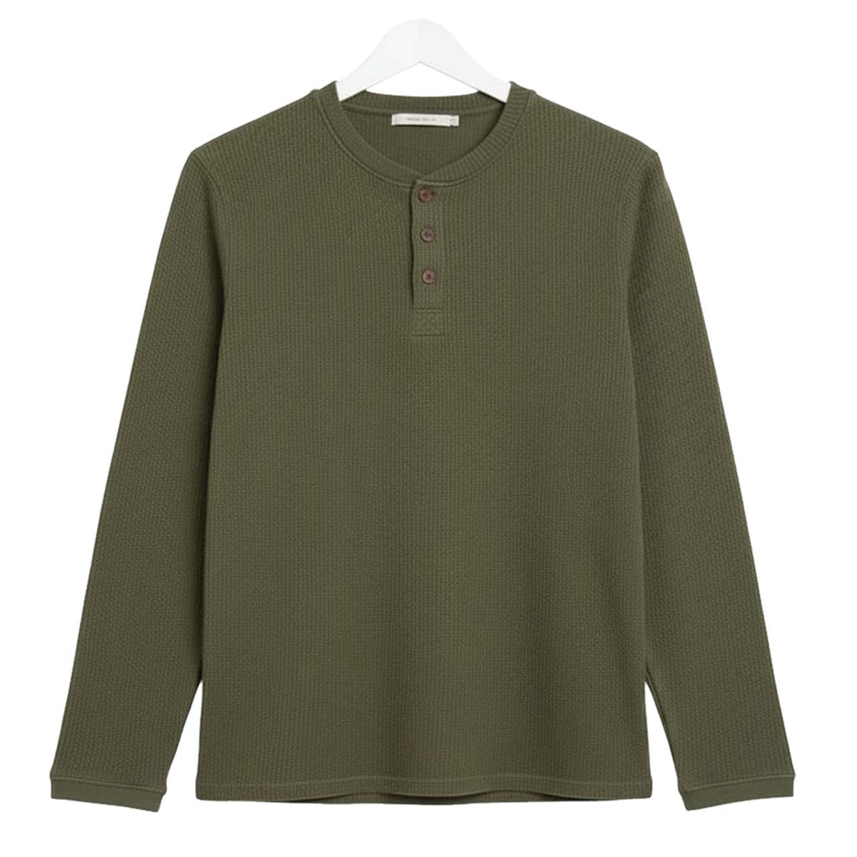 Oversized Waffle Knit Henley Long Sleeve T-Shirt | Green