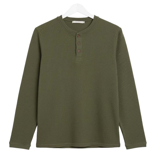 Oversized Waffle Knit Henley Long Sleeve T-Shirt | Green