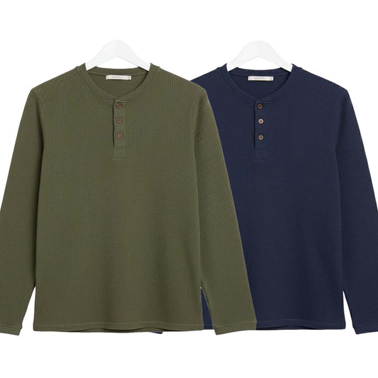 Pack of 2 Oversized Waffle Knit Henley Long Sleeve T-Shirts | Green & Navy