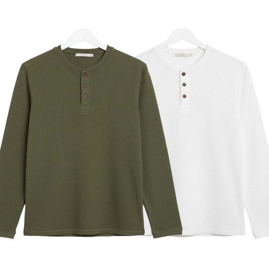 Pack of 2 Oversized Waffle Knit Henley Long Sleeve T-Shirts | Green & White