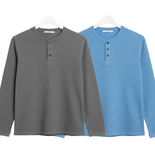 Pack of 2 Oversized Waffle Knit Henley Long Sleeve T-Shirts | Grey & Sky Blue