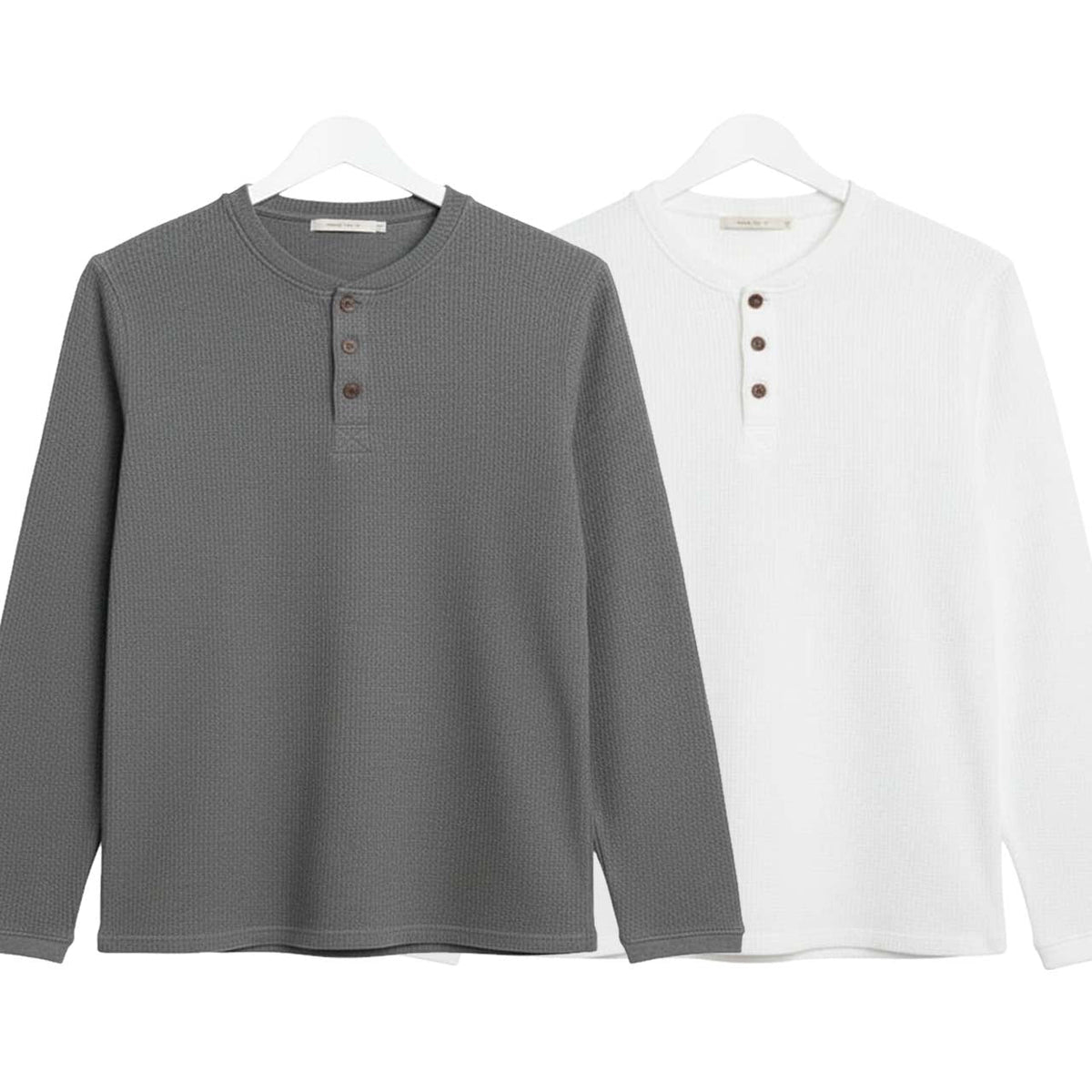 Pack of 2 Oversized Waffle Knit Henley Long Sleeve T-Shirts | Grey & White