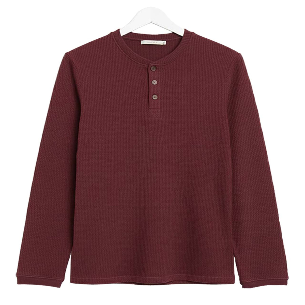 Oversized Waffle Knit Henley Long Sleeve T-Shirt | Maroon