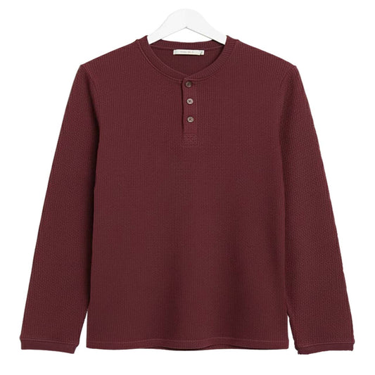 Oversized Waffle Knit Henley Long Sleeve T-Shirt | Maroon