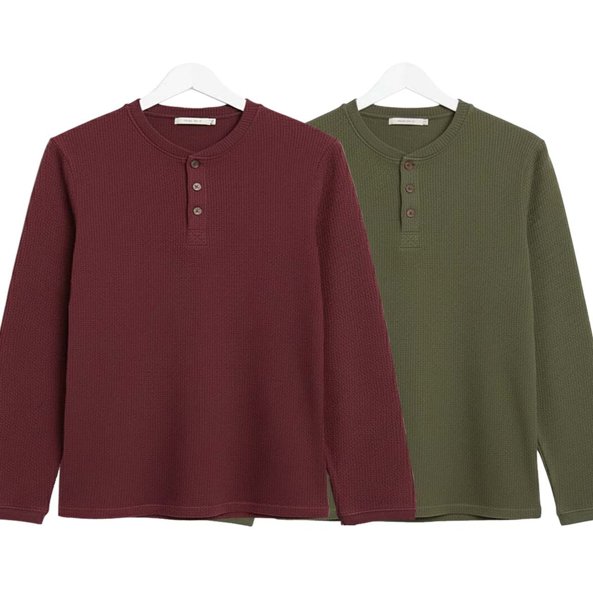Pack of 2 Oversized Waffle Knit Henley Long Sleeve T-Shirts | Maroon & Green