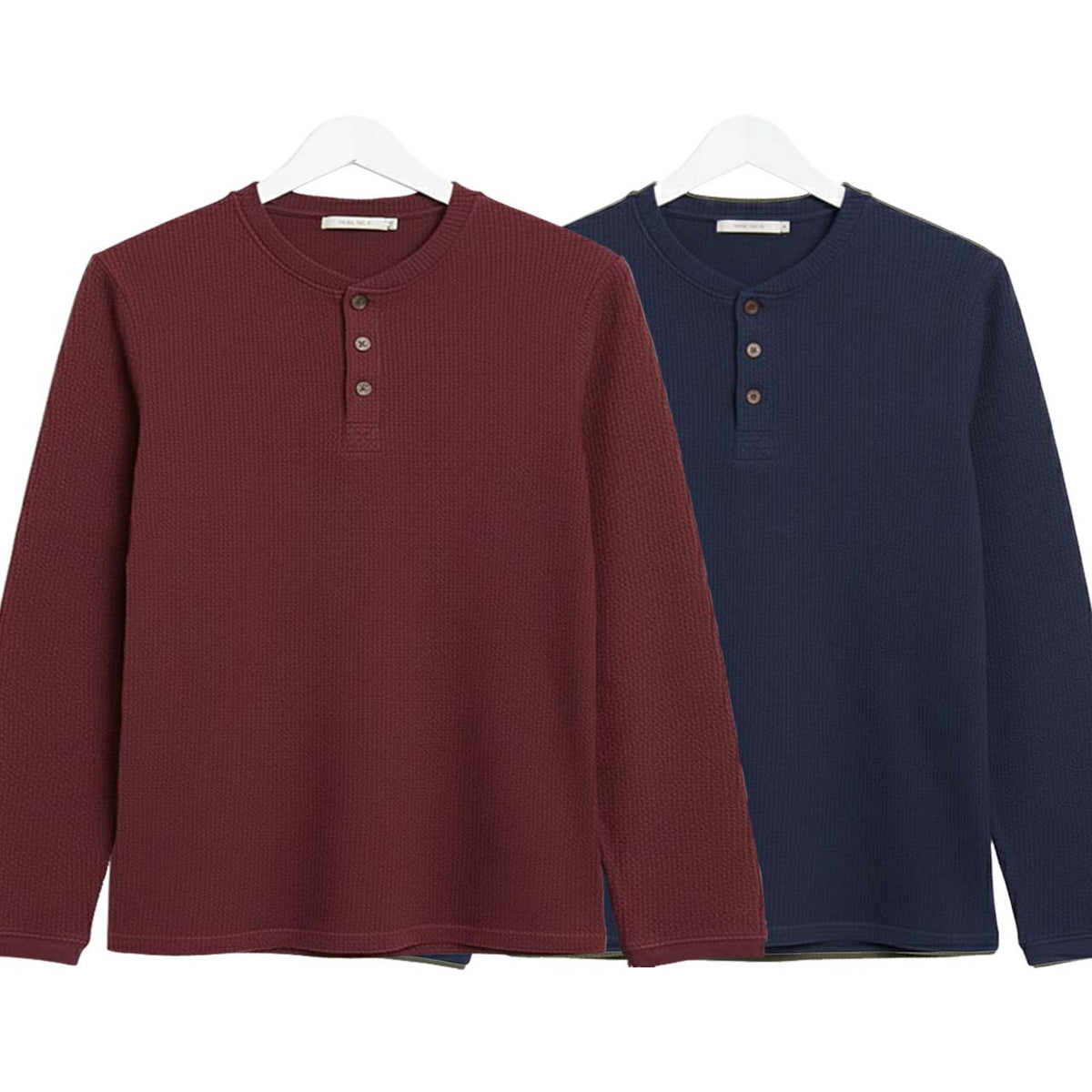 Pack of 2 Oversized Waffle Knit Henley Long Sleeve T-Shirts | Maroon & Navy
