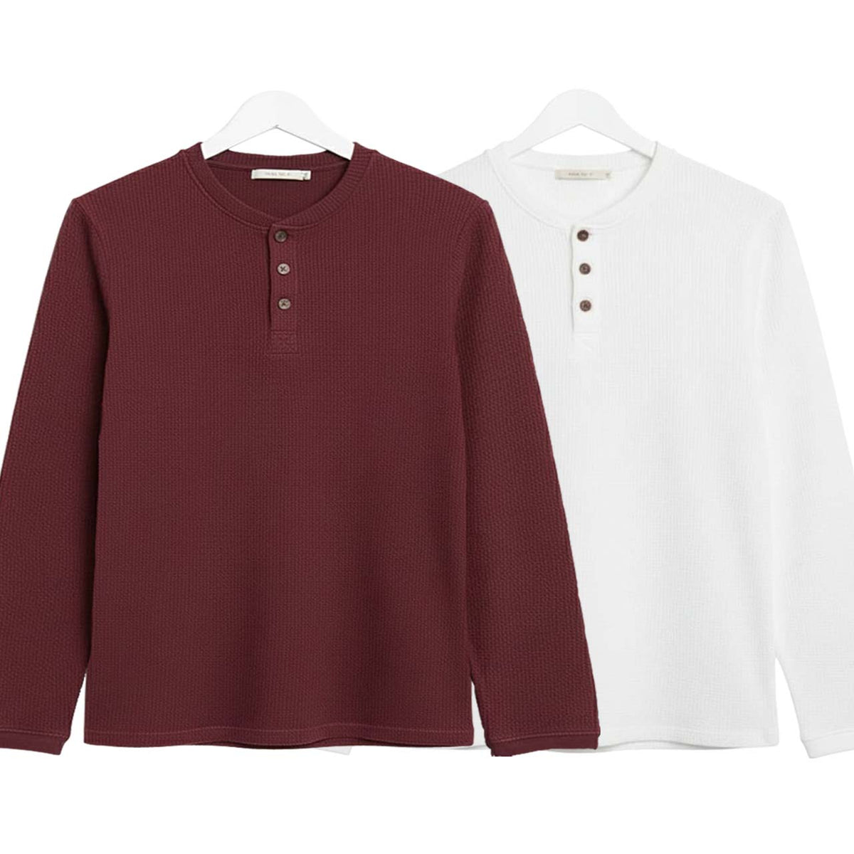 Pack of 2 Oversized Waffle Knit Henley Long Sleeve T-Shirts | Maroon & White