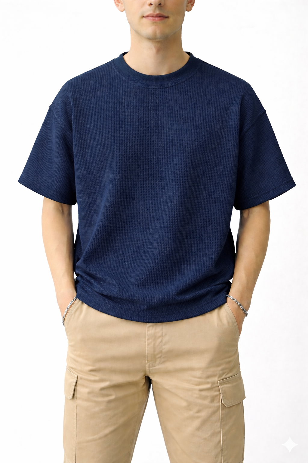 Oversized Waffle Knit Half Sleeve Tee – Navy & Maroon