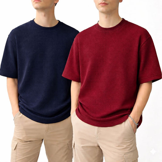 Oversized Waffle Knit Half Sleeve Tee – Navy & Maroon