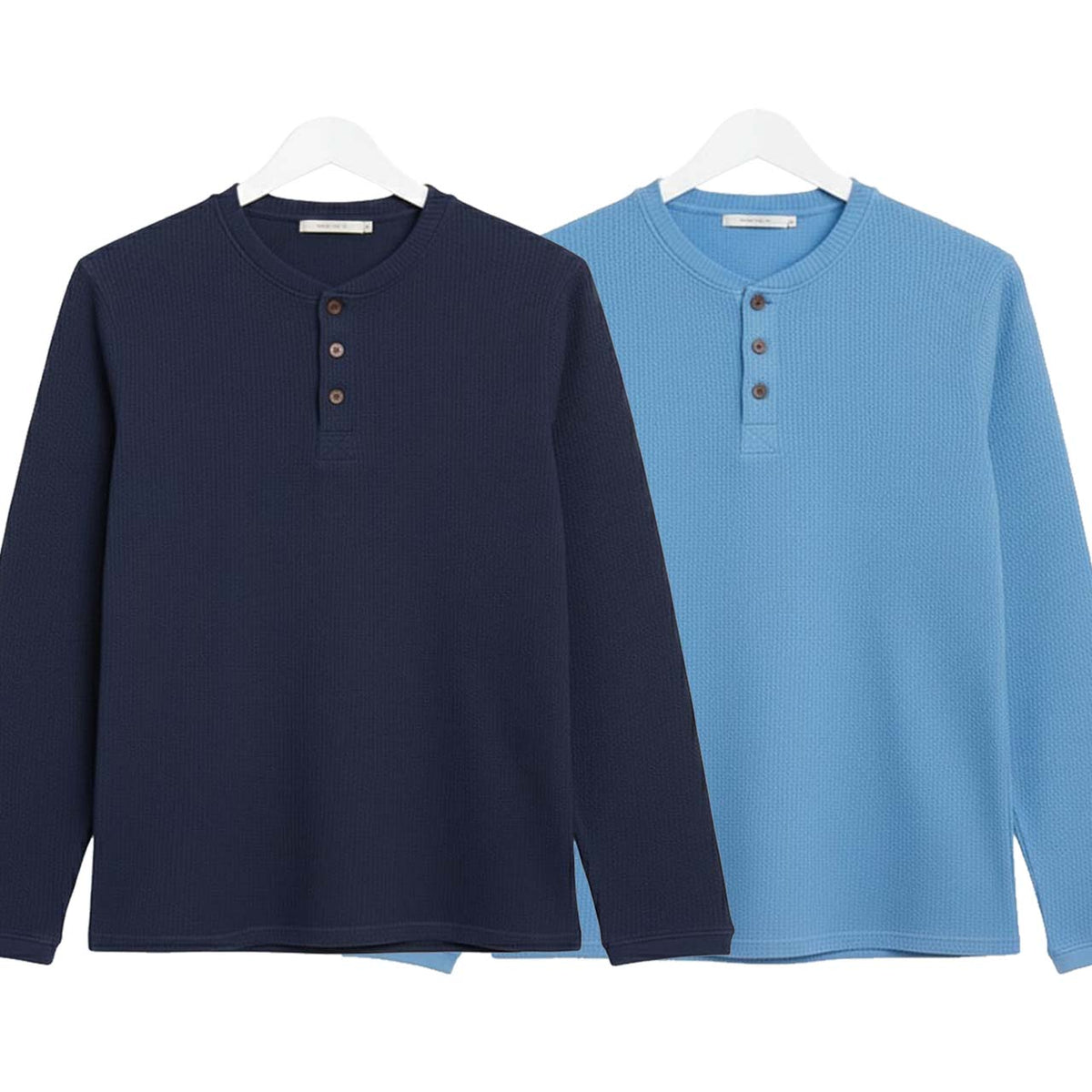Pack of 2 Oversized Waffle Knit Henley Long Sleeve T-Shirts | Navy & Sky Blue