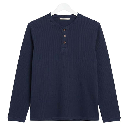 Oversized Waffle Knit Henley Long Sleeve T-Shirt | Navy
