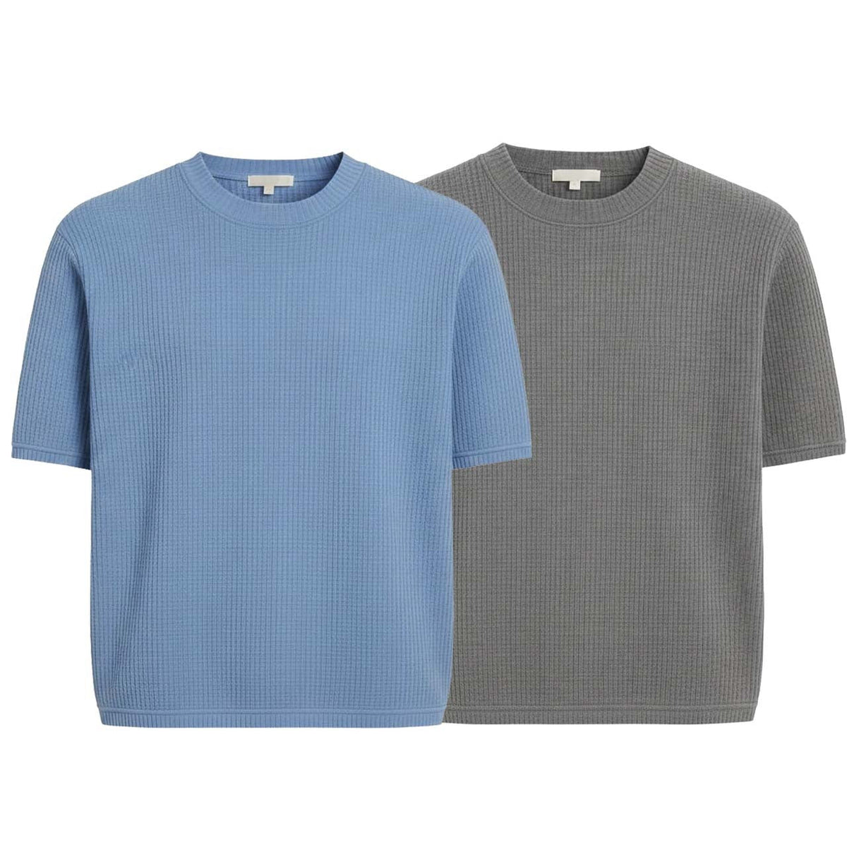 Pack of 2 Oversized Waffle Knit Half Sleeve T-Shirts – Sky Blue & Grey