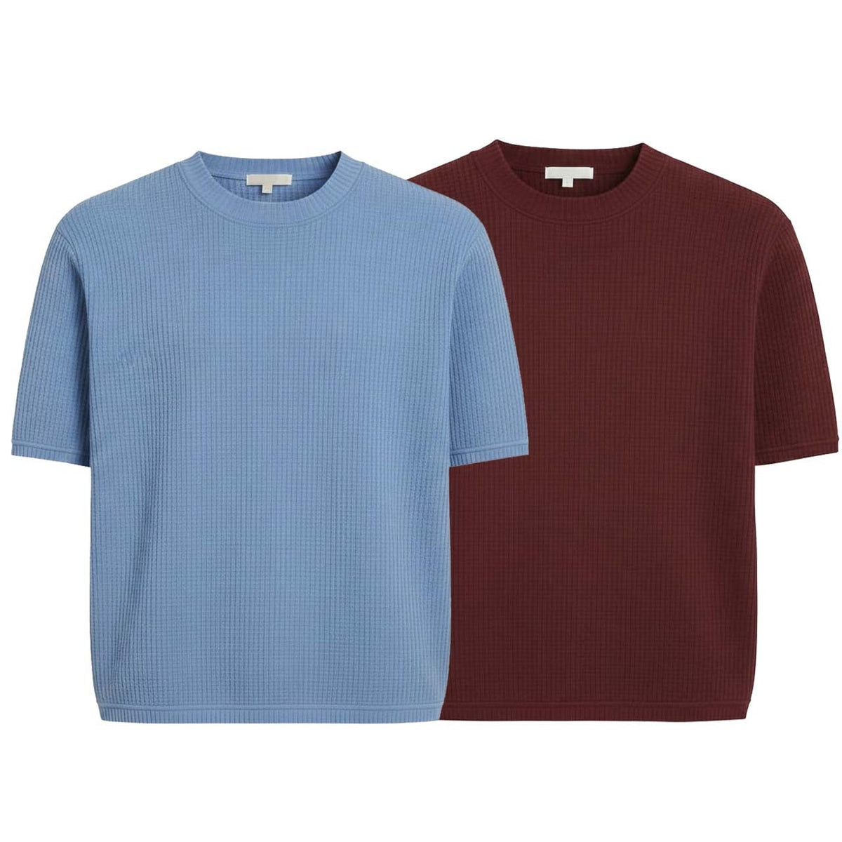 Pack of 2 Oversized Waffle Knit Half Sleeve T-Shirts – Sky Blue & Maroon