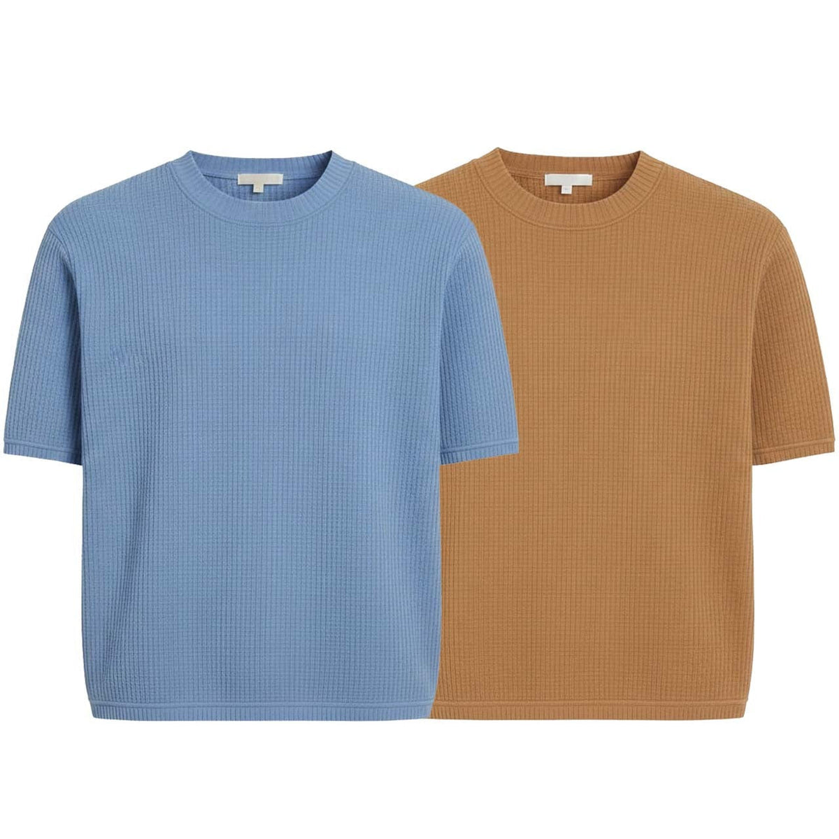 Pack of 2 Oversized Waffle Knit Half Sleeve T-Shirts – Sky Blue & Camel
