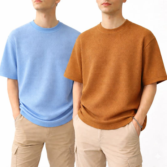 Pack of 2 Oversized Waffle Knit Half Sleeve T-Shirts – Sky Blue & Camel