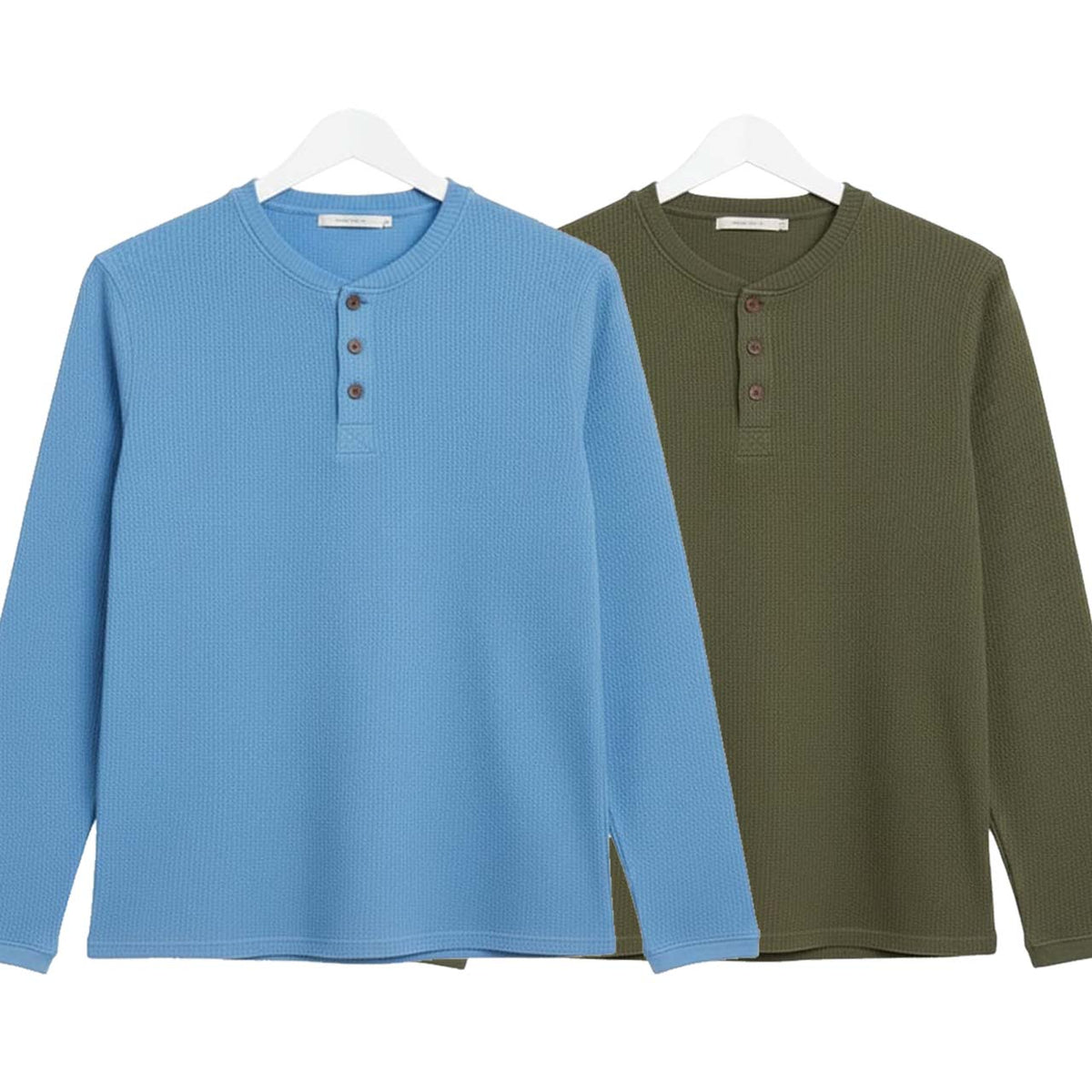 Pack of 2 Oversized Waffle Knit Henley Long Sleeve T-Shirts | Sky Blue & Green