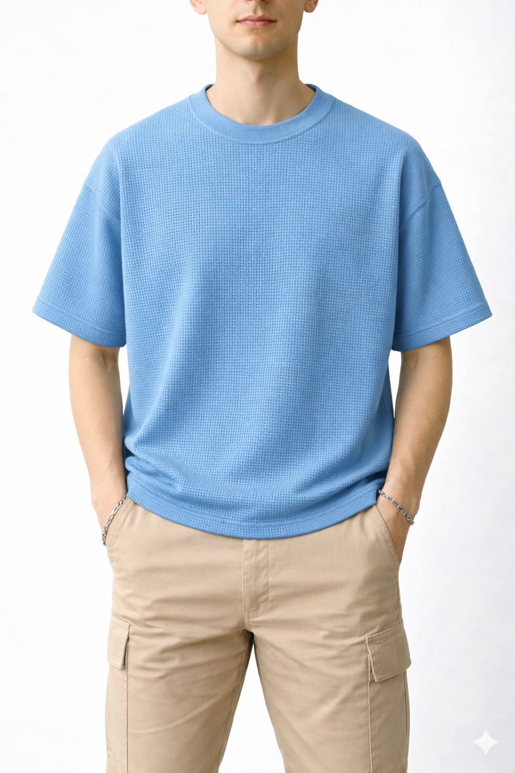 Pack of 2 Oversized Waffle Knit Half Sleeve T-Shirts – Sky Blue & Maroon