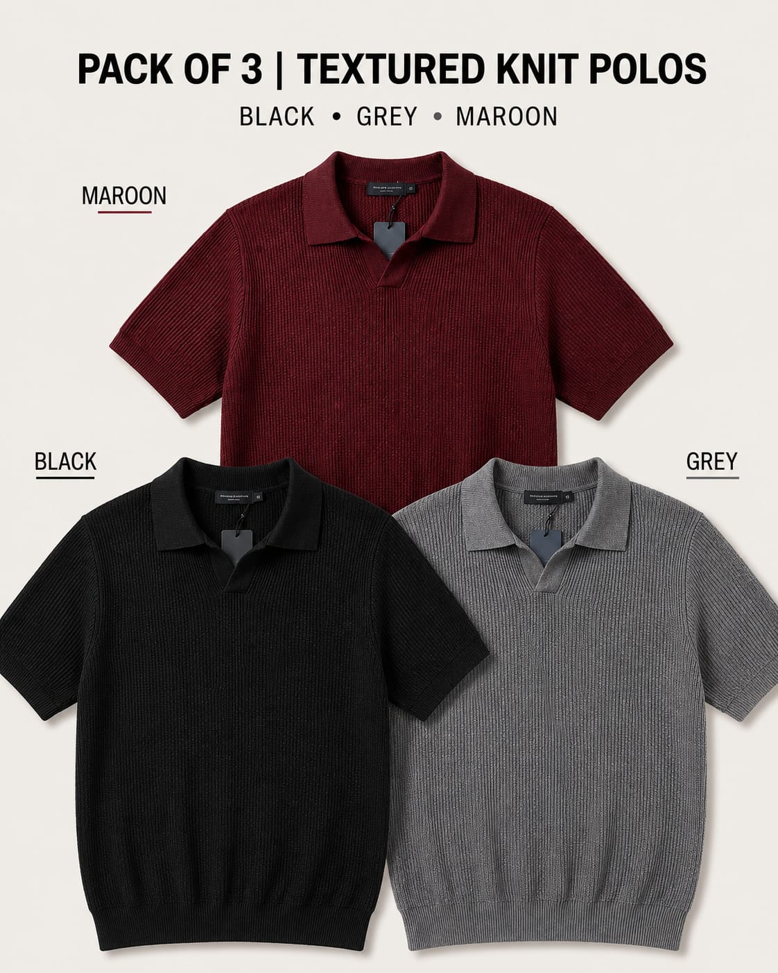 Pack of 3 Johnny Collar Polos – Black, Maroon & Grey
