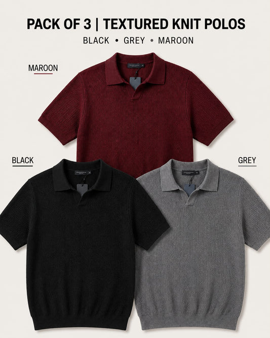 Pack of 3 Johnny Collar Polos – Black, Maroon & Grey