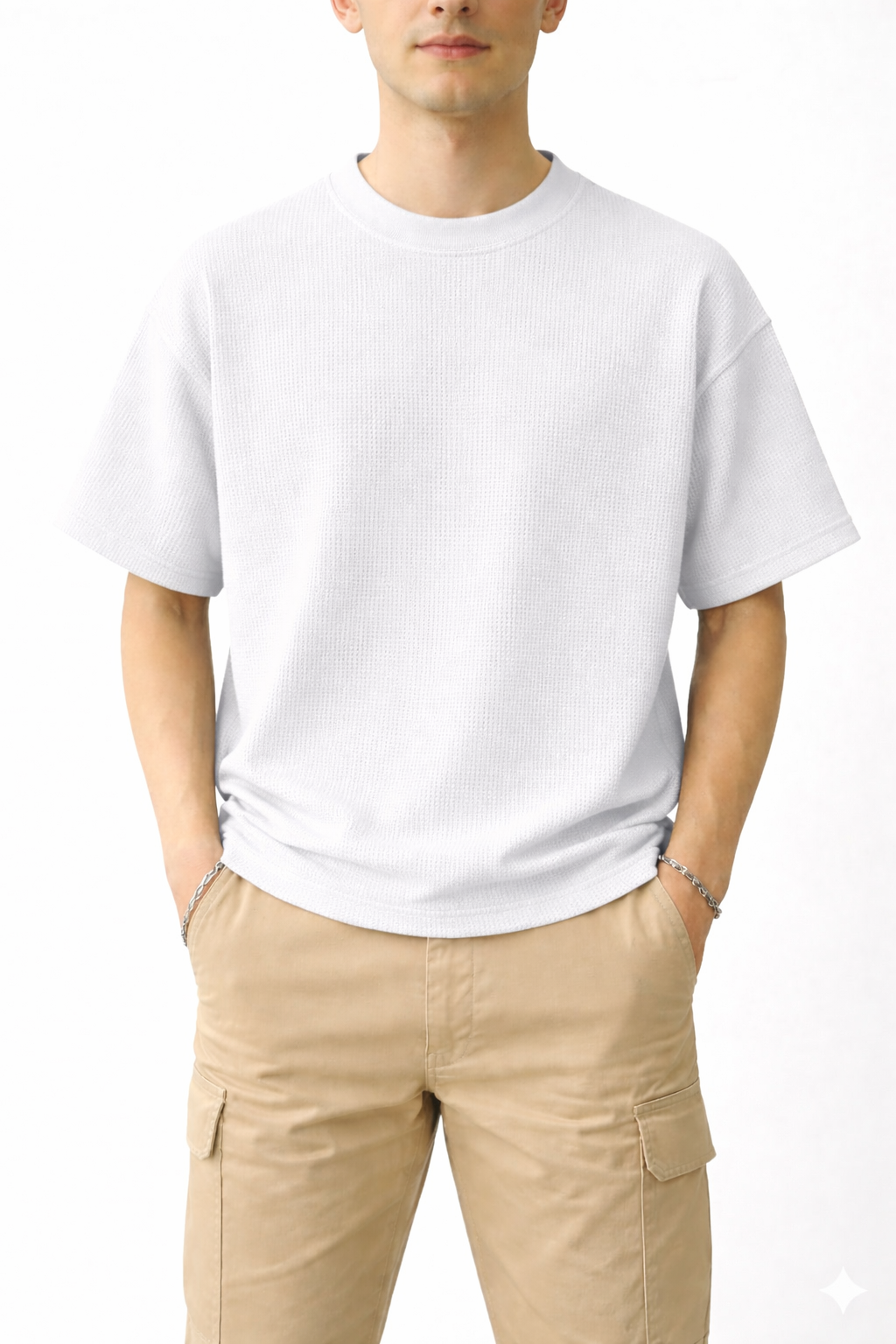 Oversized Waffle Knit Half Sleeve Tee – White