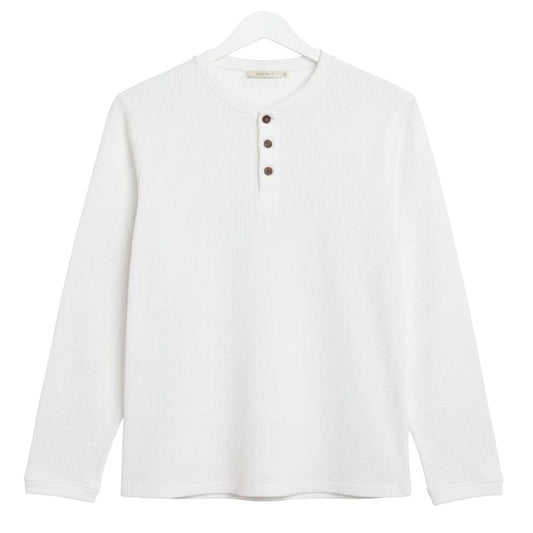 Oversized Waffle Knit Henley Long Sleeve T-Shirt | White
